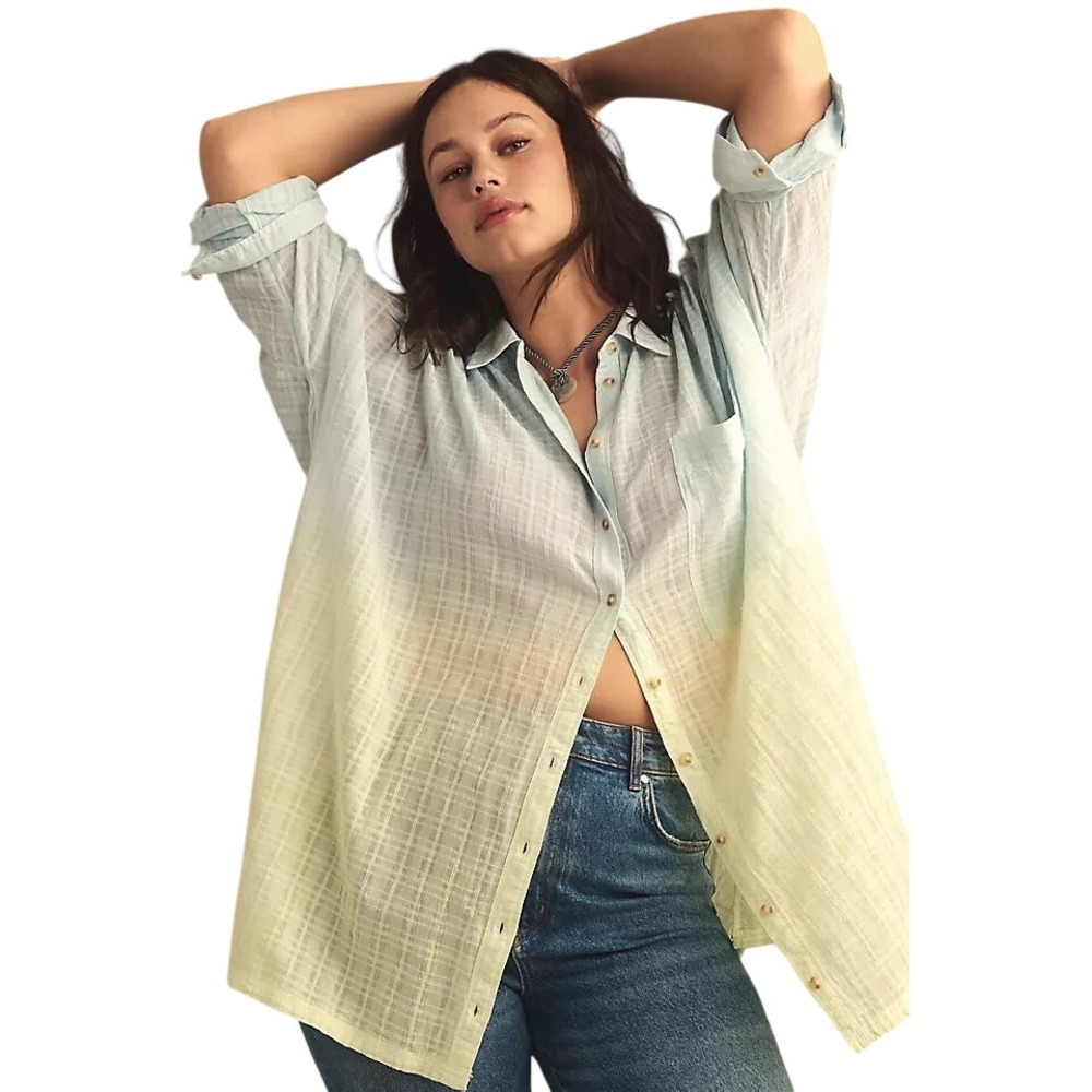 Anthropologie Pilcro Textured Boxy Buttondown Ombre Blue Green Shirt S OB1912330